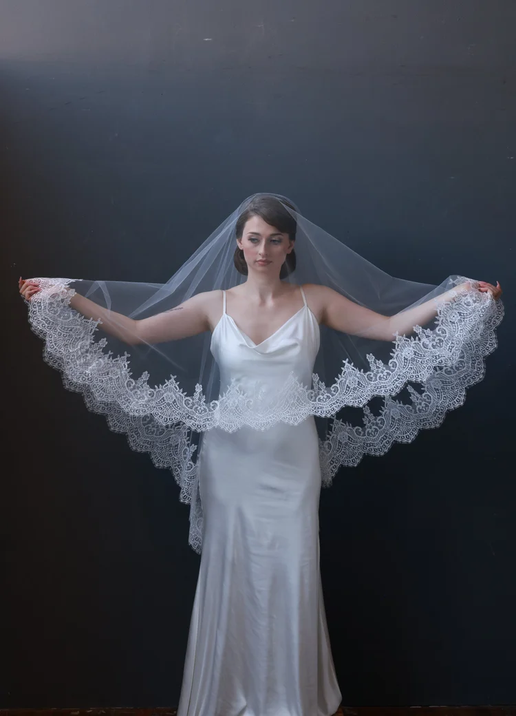 French lace trimmed two tier fold over Whisper bridal veil by
